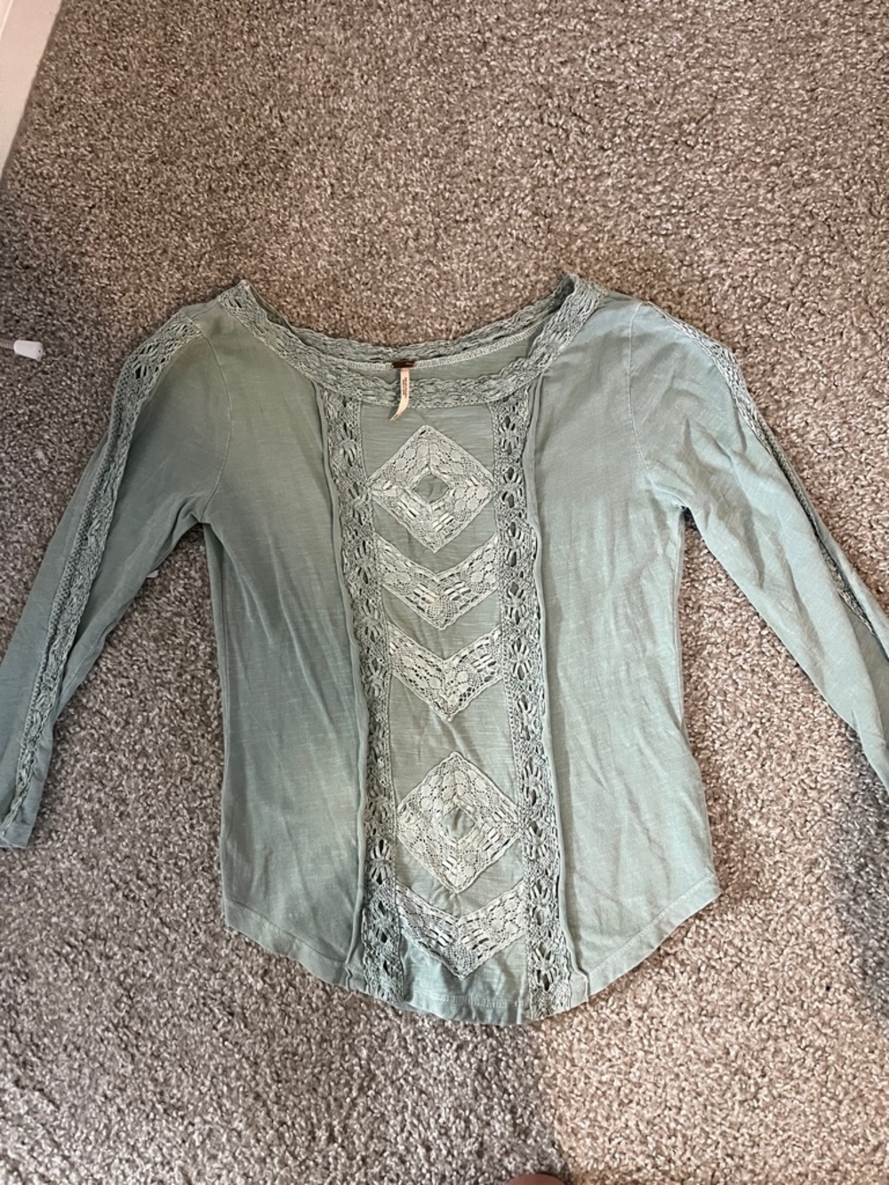 Free People Sage Green Lace-Trim Long Sleeve Top